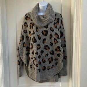 Leopard Print Cowl Neck Sweater - Gray and Brown